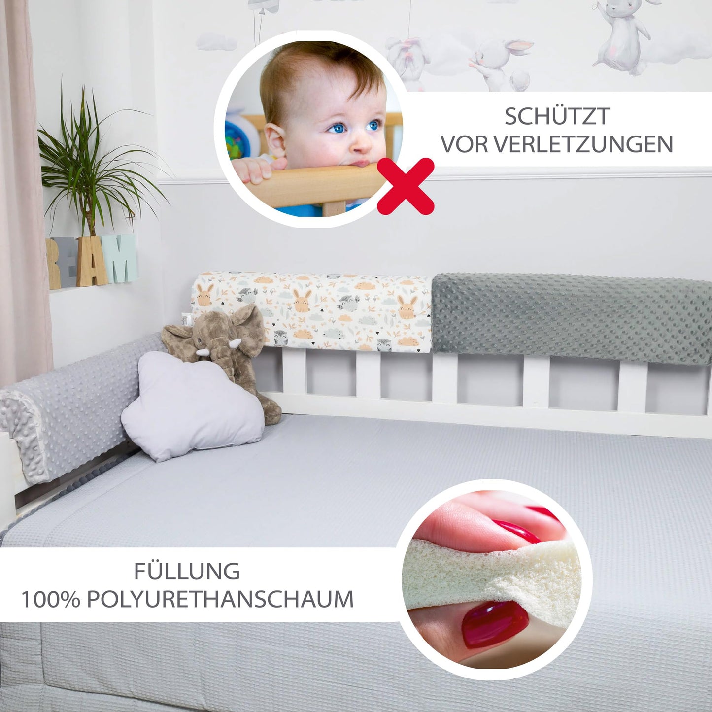 Bed rail for children's beds 70 cm - protection for bed frame Baby bed guard for box spring bed bed rail with cover Edge protection Children's baby bed Light grey