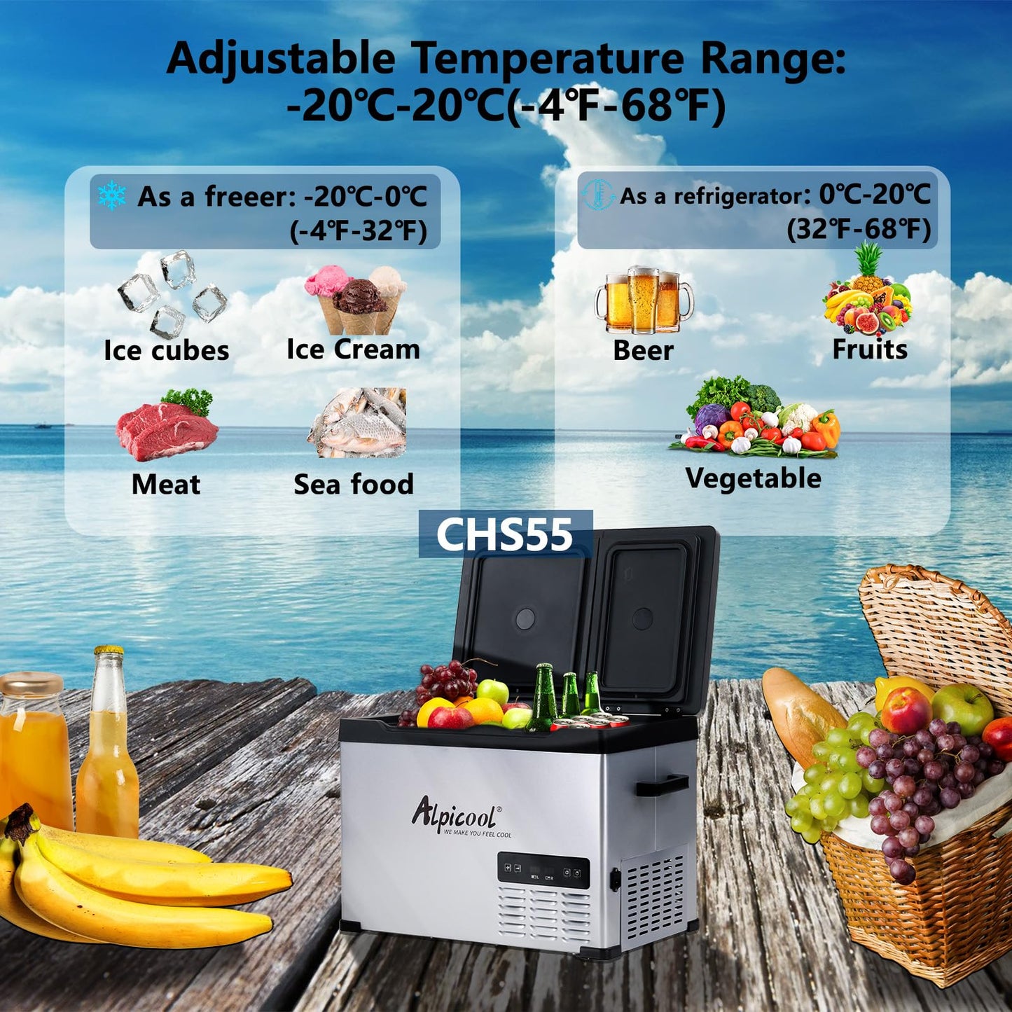 Alpicool CHS55 40L compressor cooler 12V portable fridge electric freezer small freezer for car camping, -20℃ to 20℃, Dual temperature control