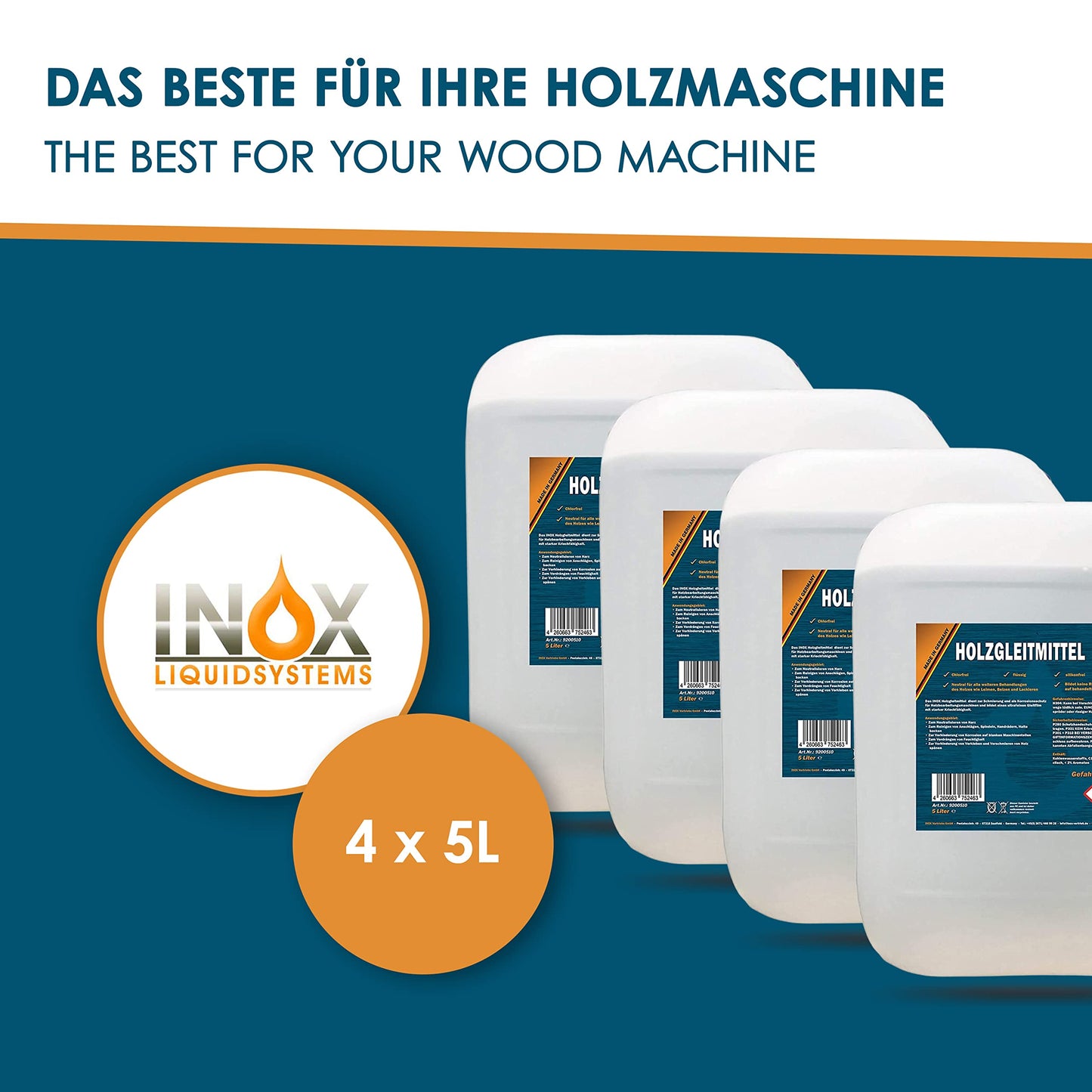INOX® - High-yield wood lubricant 4 x 5L | Wood lubricant for planer, milling machine & table saw | Lubricant for woodworking | silicone-free wood lubricant