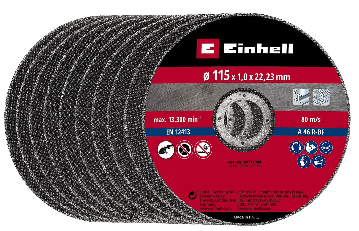 Original Einhell cutting disc set thin 115 x 1.0 mm (angle grinder accessory, 10 pcs., Ø 115 x 1.0 x 22.23 mm, max. 13,300 rpm, extra thin for minimal material loss)