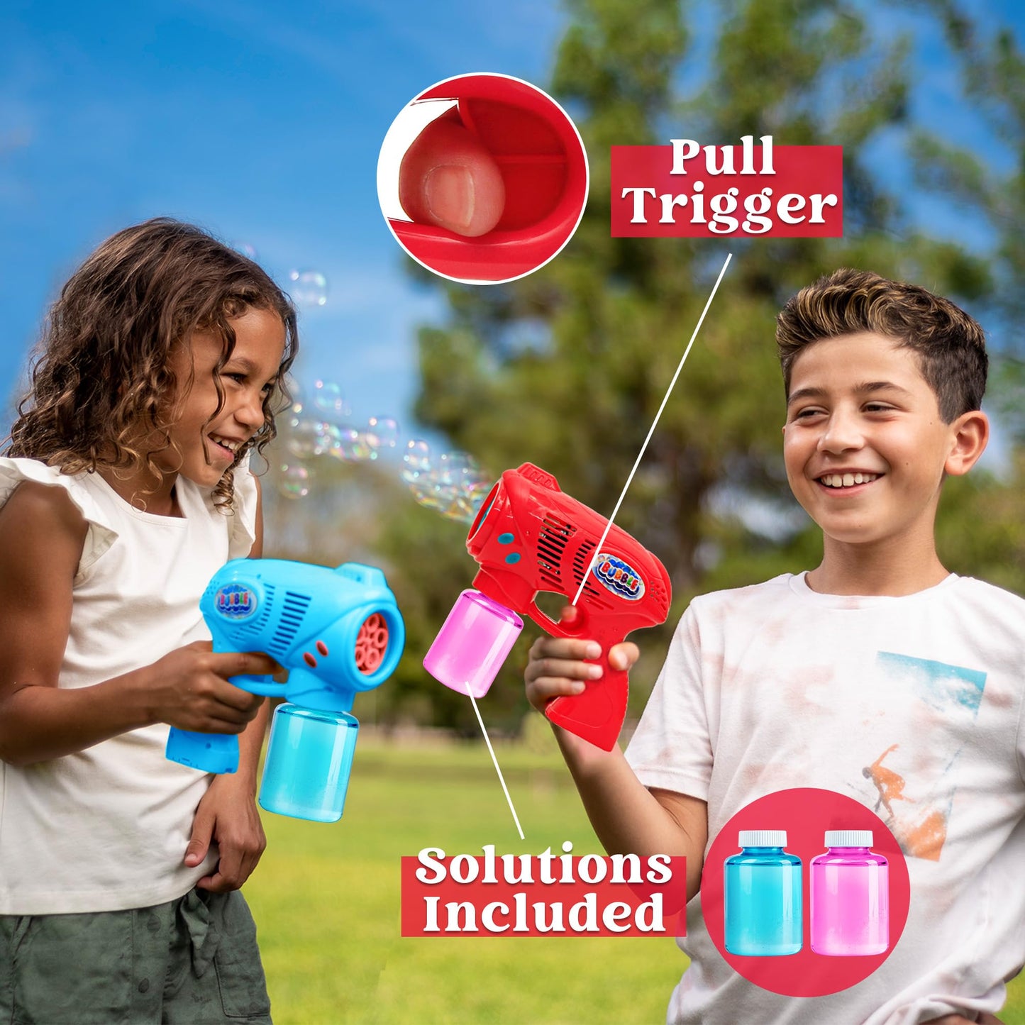 JOYIN 2 Bubble Guns for Kids with Bubble Solution (2 * 130 ml), bubble machine for party, Bubble Gun for Summer Party, Indoor Outdoor Activities, Easter (blue+red)