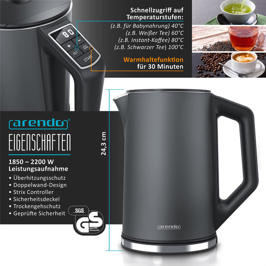 Arendo - Kettle with Toaster SET and Egg Cooker, Stainless Steel Cool Grey, Kettle 1.5L 40° - 100°C, Toaster 4 slices LED display 6 browning levels Egg cooker 1-8 eggs Measuring cup