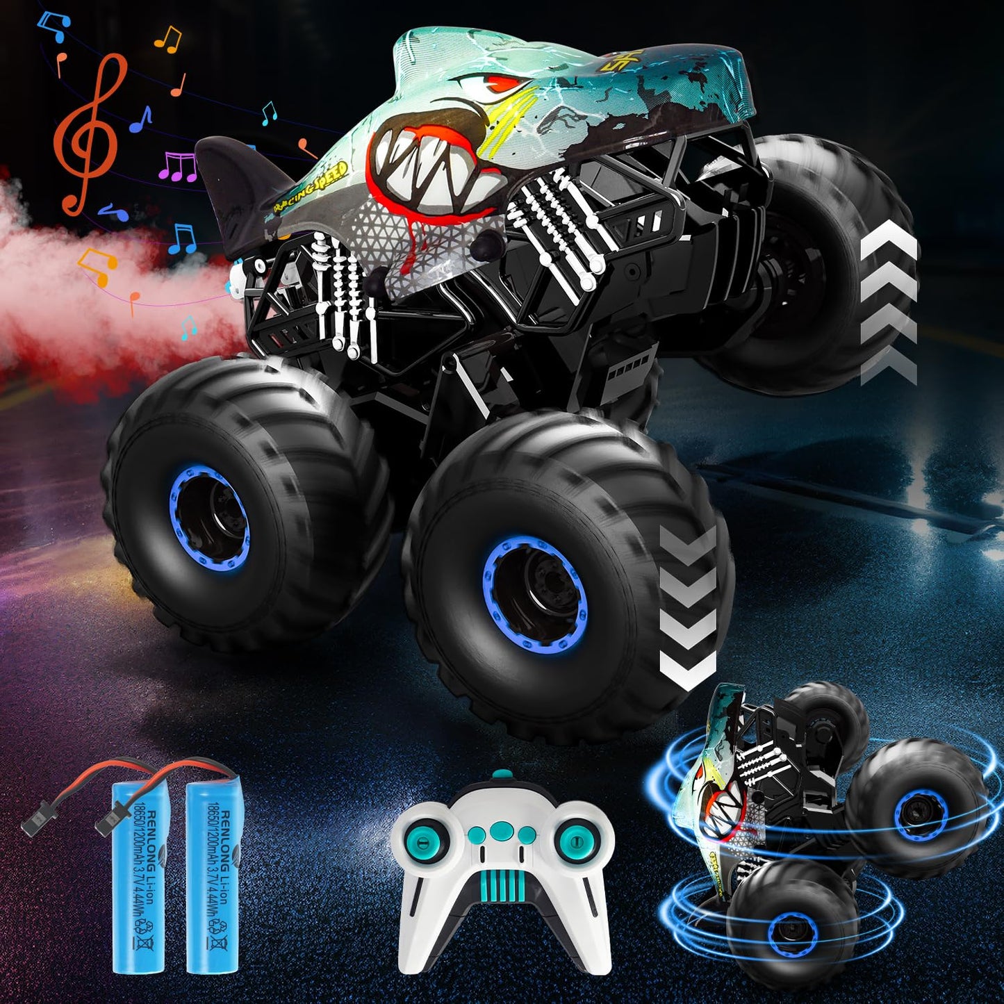 Remote control car, 1/16 monster truck with stomp and 360° rotation, Shark monster truck remote controlled with spray, lights, music, 15KM/H RC monster truck with 40MIN playtime, gift for 3 6 8 10 year old boys.