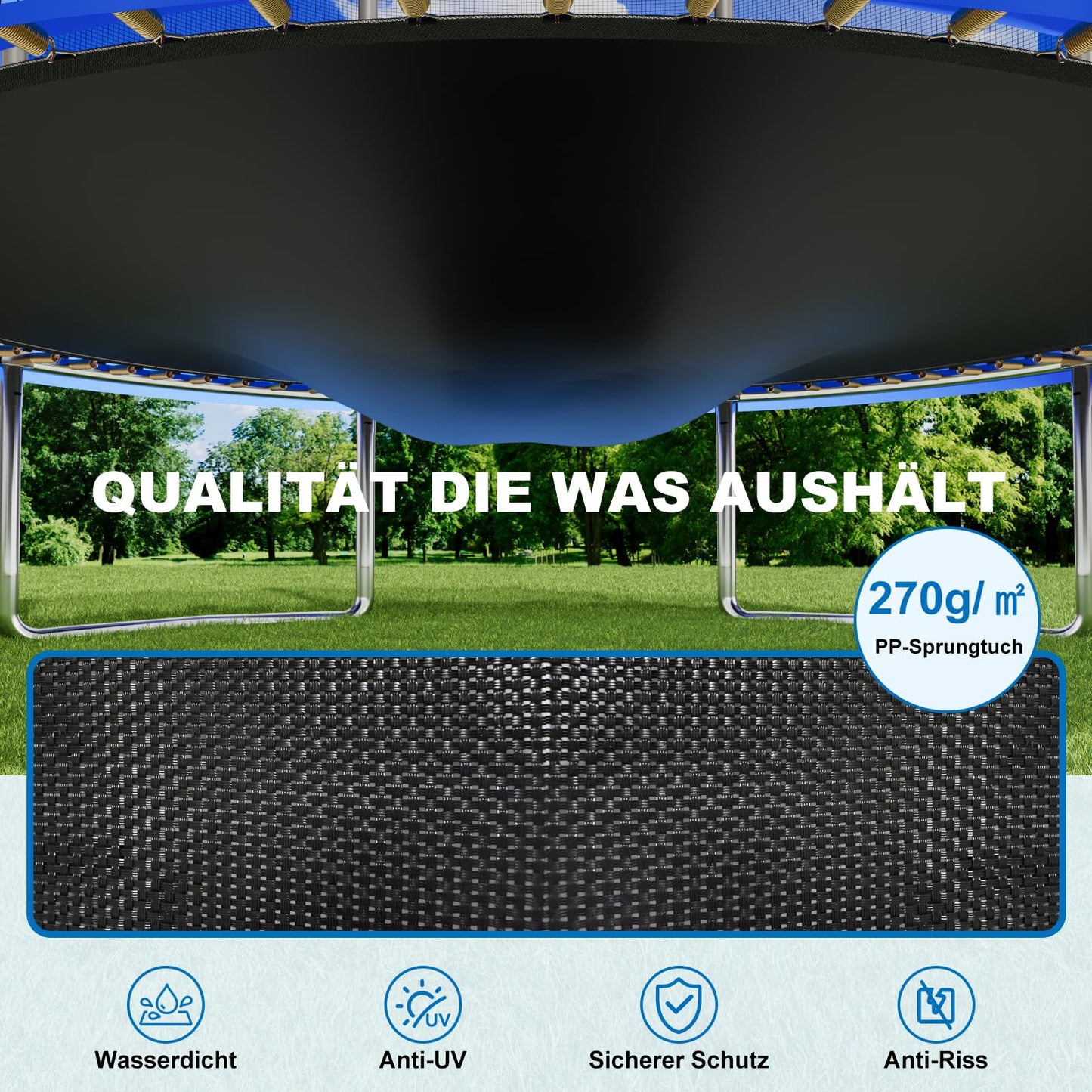 Devoko Trampoline Outdoor Ø 183/228/305/366/427 cm Indoor Trampoline Kids Garden Trampolines, Complete Set with Shoe Net, Ladder, Edge Cover, Safety Net, Weight Capacity 150 kg (Blue)