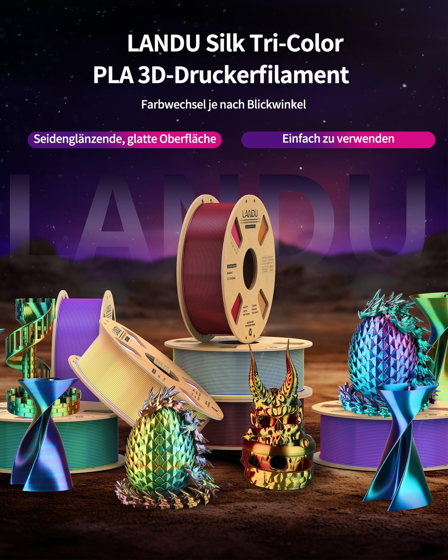 LANDU Silk PLA Filament Tricolor Silk PLA Filament 1.75mm 1kg 3D Printer Filament 3 Color Silk High Gloss Surface Accuracy +/-0.02mm, Yellow Pink Blue