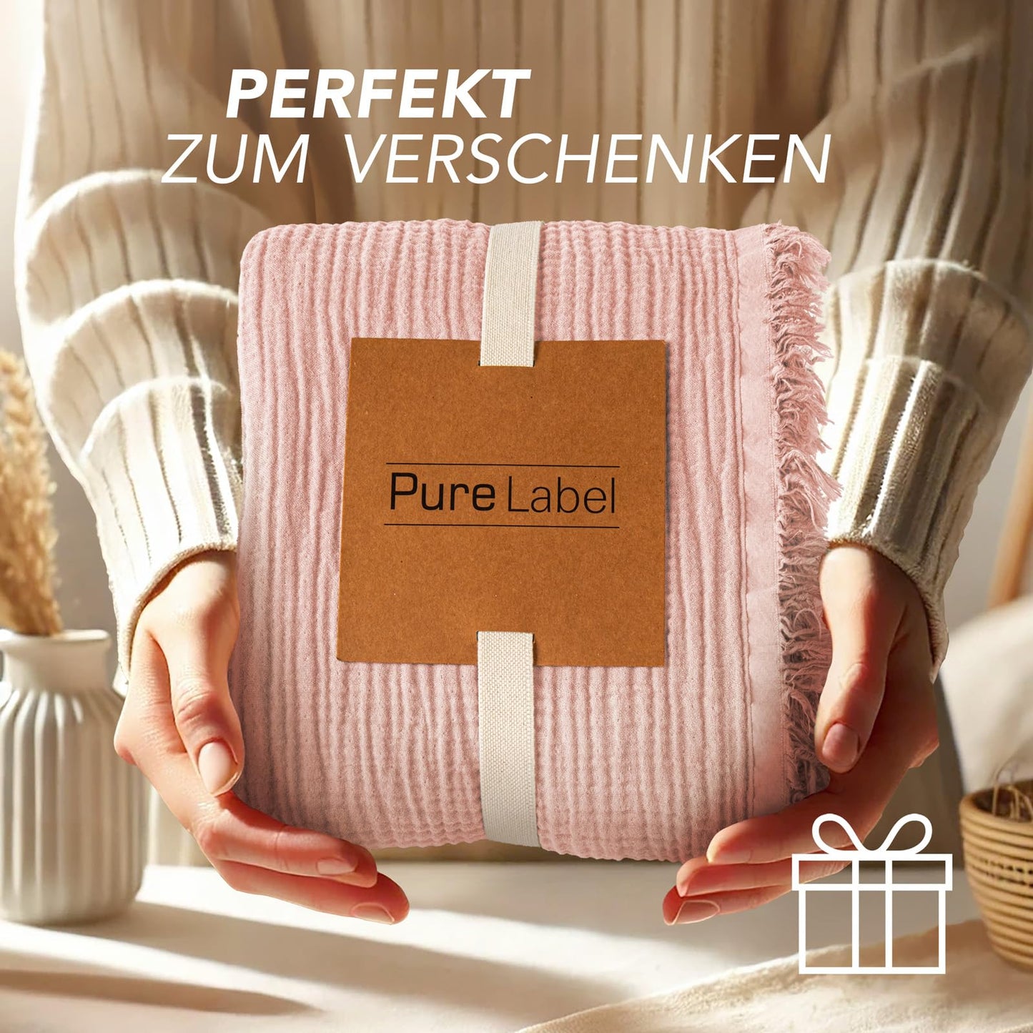 Pure Label 2-piece set Muslin blankets 220x240cm - Oeko-Tex certified cotton bedspreads | Muslin throw blankets for couch & sofa in XXL | Double pack 220 x 240 cm, color of the blanket Pink