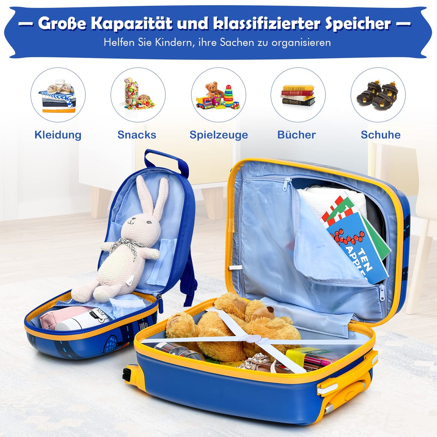 GOPLUS kids suitcase with backpack, kids trolley, children's luggage with wheels, travel suitcase with telescopic handle, hard shell suitcase for kids, children's trolley choice of colors (cartoon car, 12"+18")