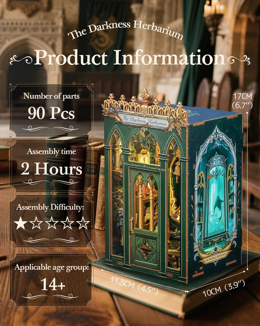 CUTEBEE Book Nook Kit - DIY Miniature House Dollhouse Booknook 3D Wooden Puzzle Library with Dust Cover and LED Light, Unique Bookshelf Decor & Gift for Adults (The Darkness Herbarium)