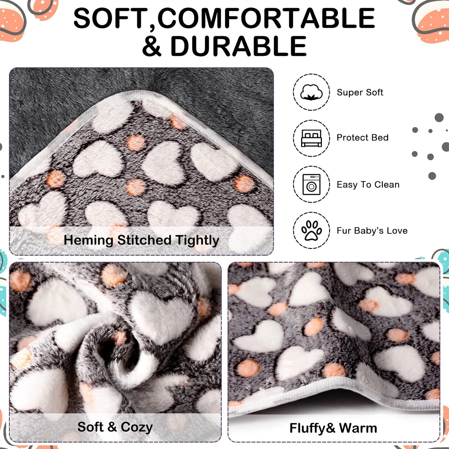 Namalu 4 Waterproof Guinea Pig Fleece Blankets Small Washable Dog Blanket Absorbent Guinea Pig Cage Liners Reusable PIPI Pads Sleep Cuddle Blanket (Heart Pattern, 60 x 40 cm)