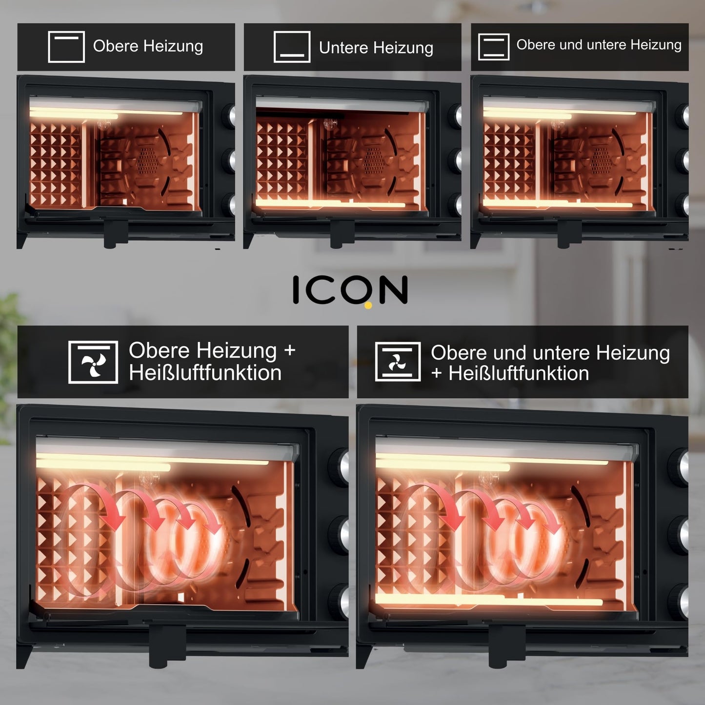 ICQN Mini Oven 20L, Pizza Oven, top/bottom heat with convection function, 5 grill functions, 90 Min. Timer, 1500 W, 80°-240°C, baking tray/grill/drip tray and tray holder, Black