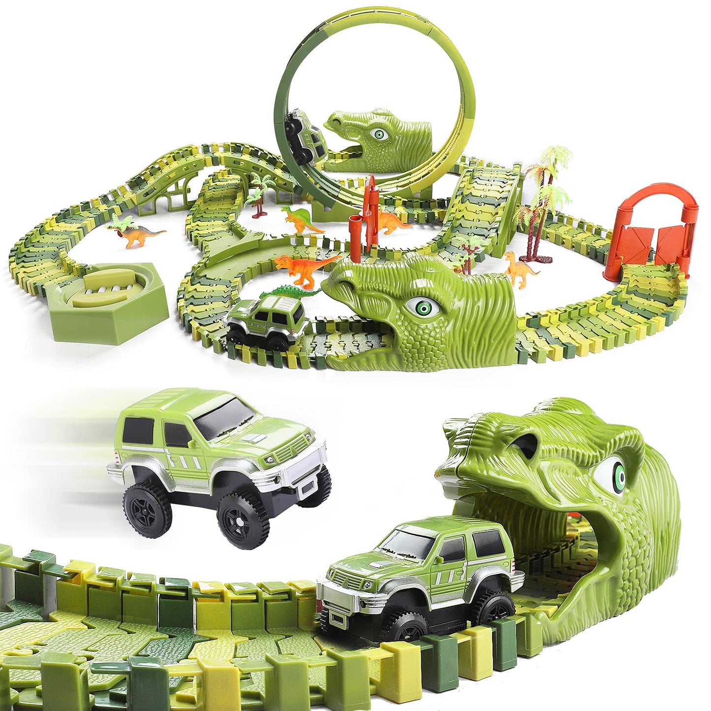 Burgkidz Dinosaur Race Track Play Vehicles Toy Set, 387 Pieces of Flexible Dino Tracks with 360 Loop and Car Turntable Playset, 2 Race Cars, Gift for Kids 3+ years old.