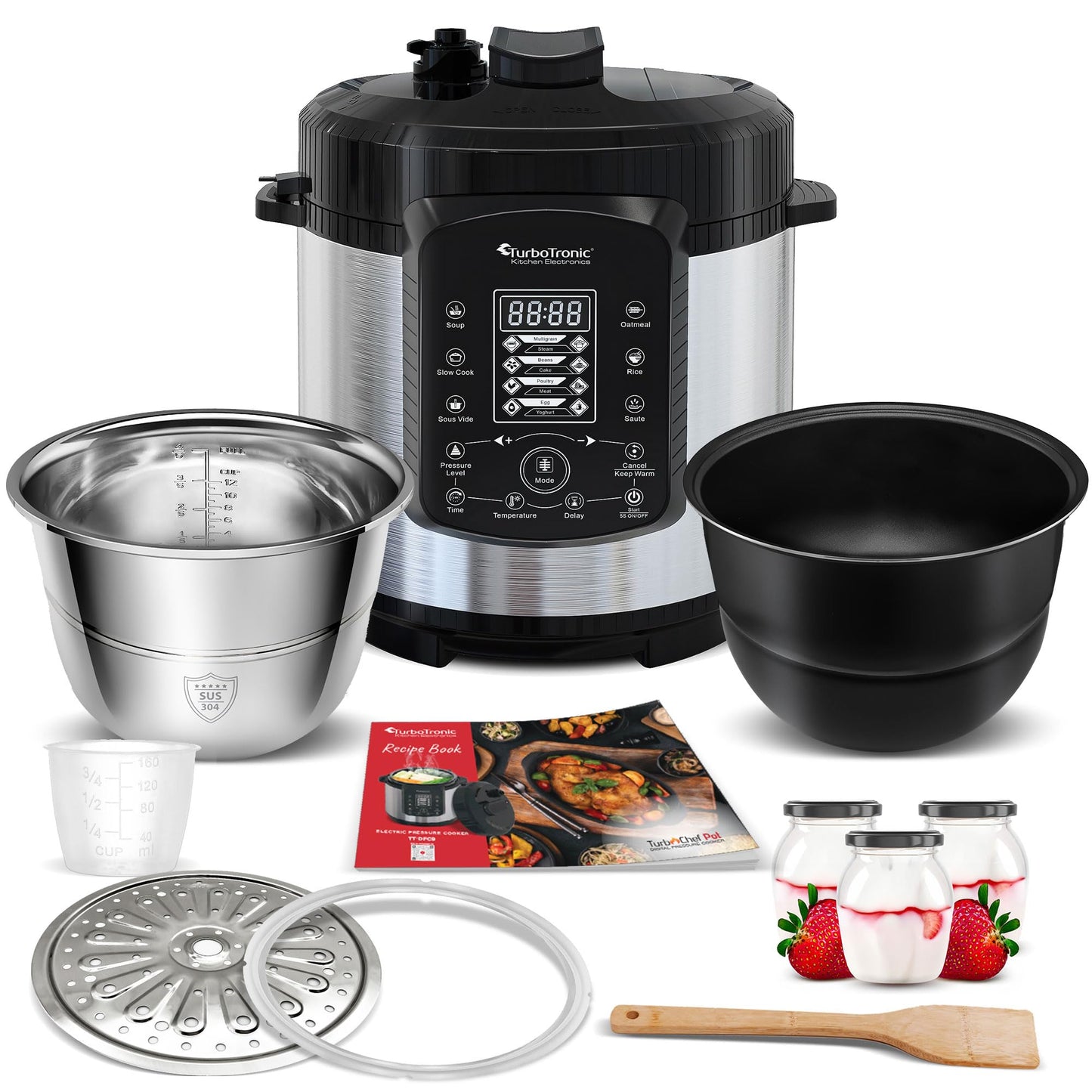 TurboTronic Pressure Cooker 6L with 2x stainless steel and coated pot, steamer, multi cooker, electric pressure cooker, steam cooker Silver