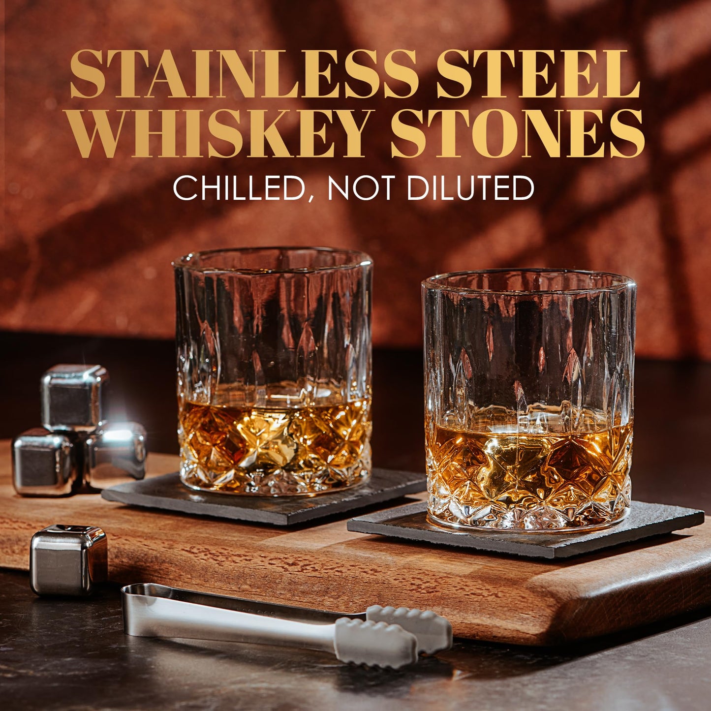Whiskey gift set: Whiskey glasses, stones, tongs, coasters, wooden box, velvet bag, history and recipe cards - accessory set, gift for men, husband, friend, by Royal Reserve.