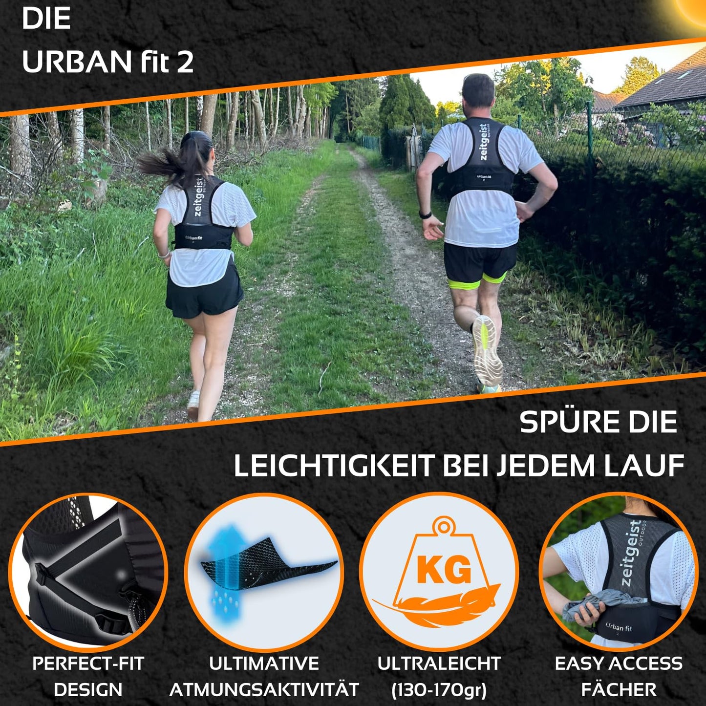 time spirit OUTDOOR® Running vest Women and Men Urban fit 2L optimal fit breathable ultralight running backpack 130-170gr hydration backpack Running Trailrunning Backpack