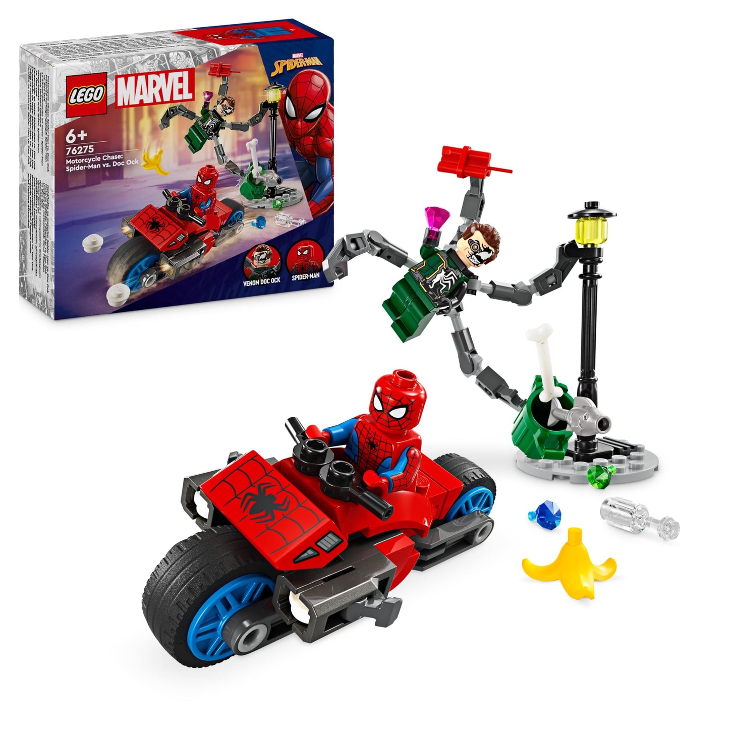 LEGO Marvel War Machine Mech, buildable superhero toy with 3 shooters & Marvel motorcycle chase: Spider-Man vs. Doc Ock, superhero toy