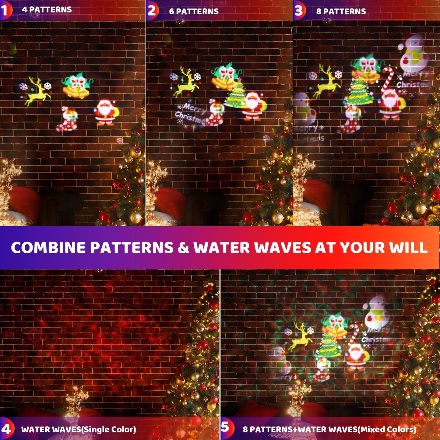 NACATIN Christmas Projector, 2-in-1 LED projector with 12 interchangeable slides (96 patterns) & 10 water waves, waterproof with remote control for indoor and outdoor Christmas decorations, parties