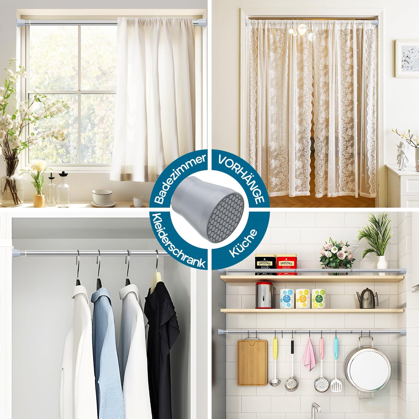 AIZESI Curtain Rod without drilling 113-197cm Telescopic Rod Curtain Rod Shower Curtain Rod Tension Rod Adjustable Curtain Rod Clamp Rod for Curtains, Bathroom - Silver (Diameter 22mm)