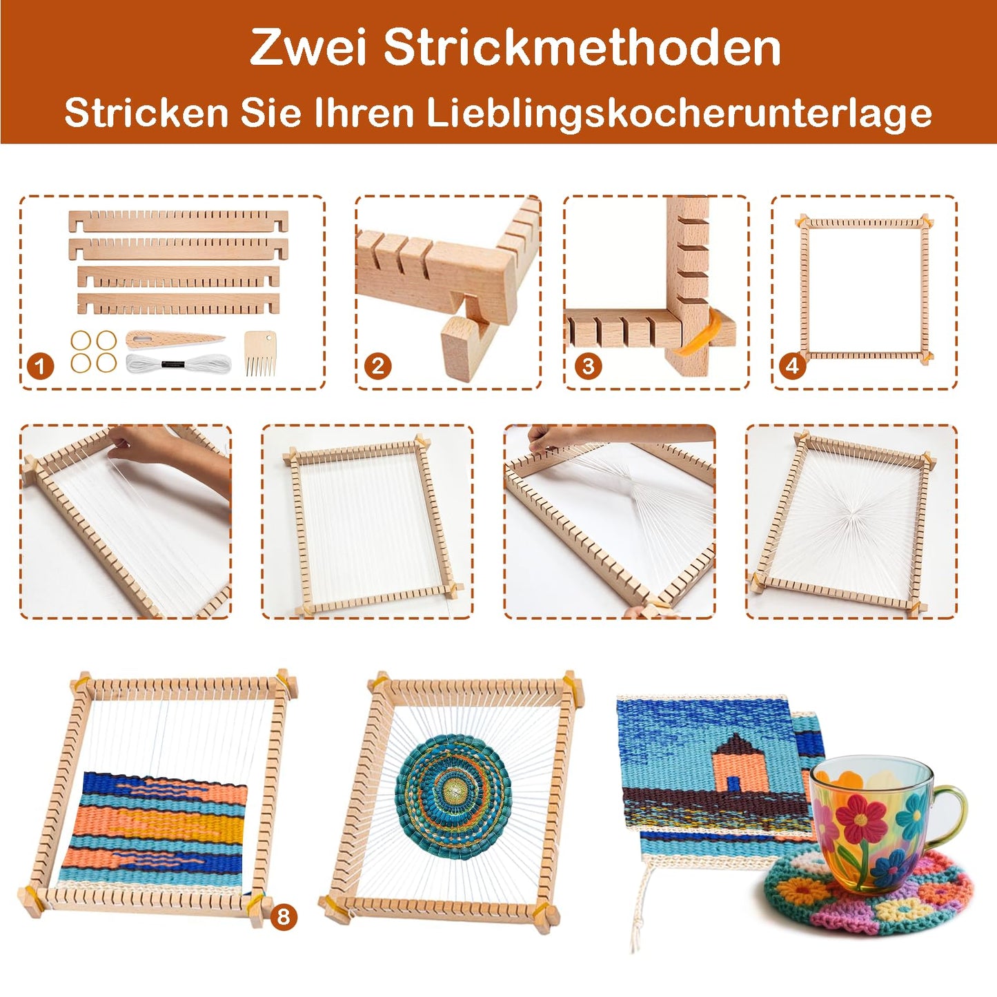 LYKTRIX Children's Wooden Loom Set, weaving frame for kids aged 4-12, includes 13 accessories (yarn, needle, weaving comb) for creating round/square wall hangings & coasters.