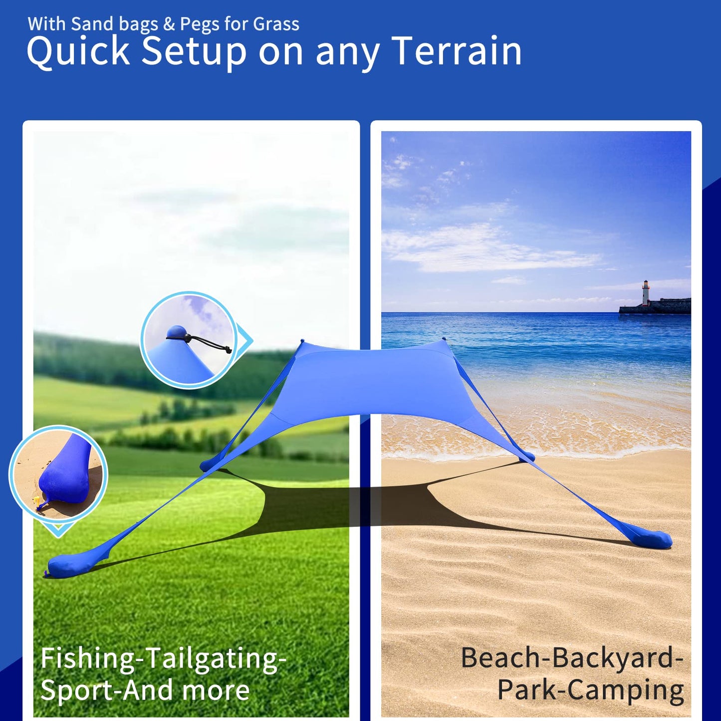 Cuupo beach tent, pop-up, 2x2.1m, SPF 50, Lycra, outdoor sun protection, anti-wind, stability poles, backyard with beach blanket, royal blue.