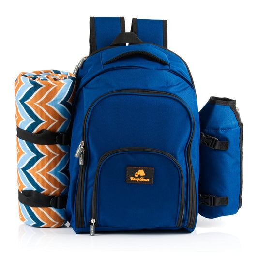 CampFeuer picnic backpack 32-piece | Picnic set for 4 people | Blue | with bottle holder, picnic blanket, cooler compartment, and camping dishes | Leisure backpack, camping backpack