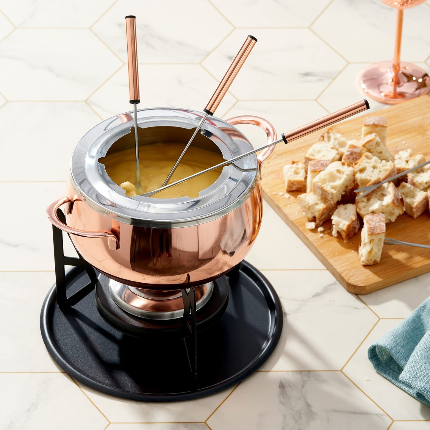 Oak & Steel - 10-piece Premium Stainless Steel Fondue Set for 6 people, Rose Gold/Copper - Chocolate, Cheese, Meat - Sturdy & Stylish - Gift Set for Valentine's Day/Birthday/Anniversary