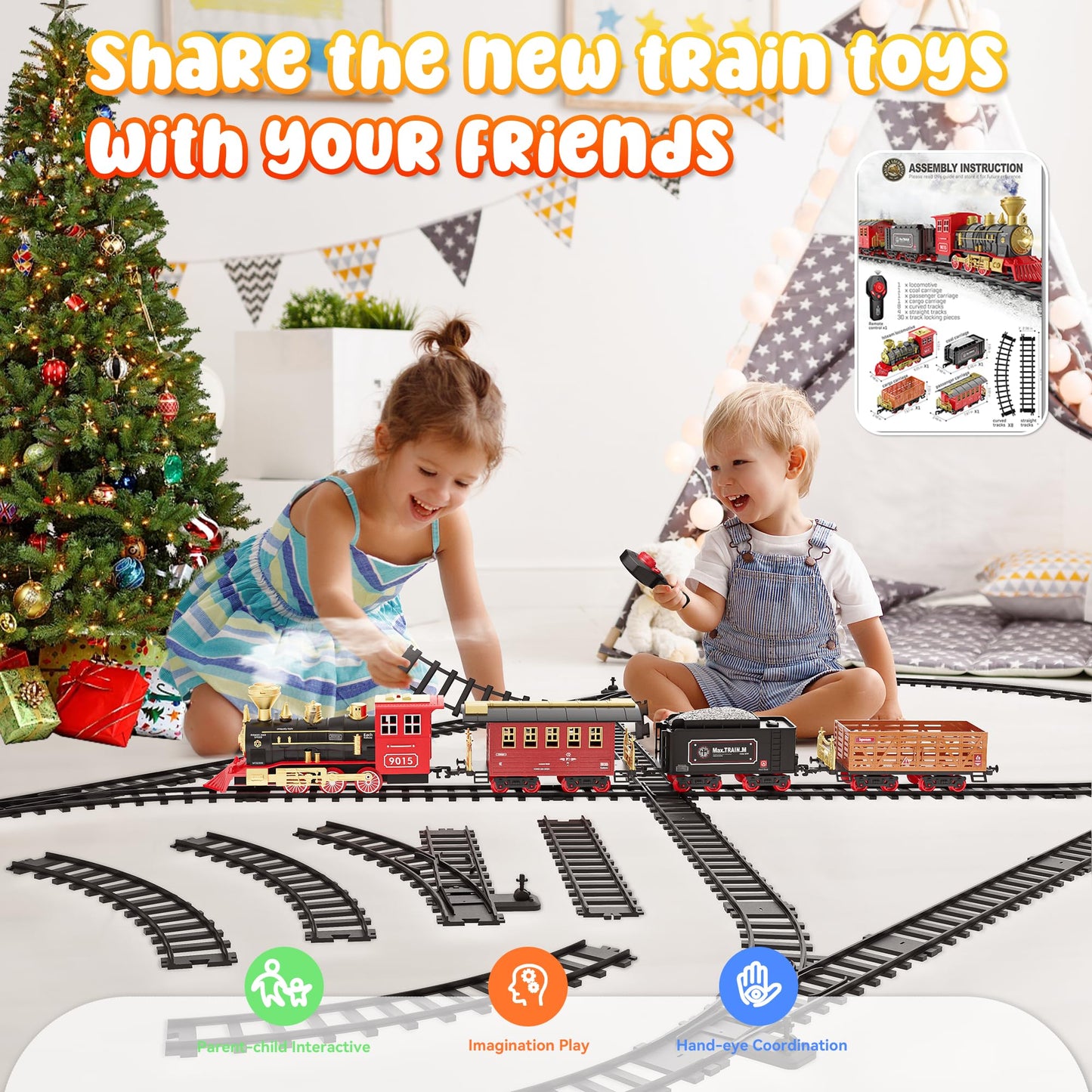 Hot Bee Electric Remote Control Kids Train, Electric Christmas Tree Train, Steam Christmas Tree Train, Christmas Train for the Tree with Remote Control Train Toy Set