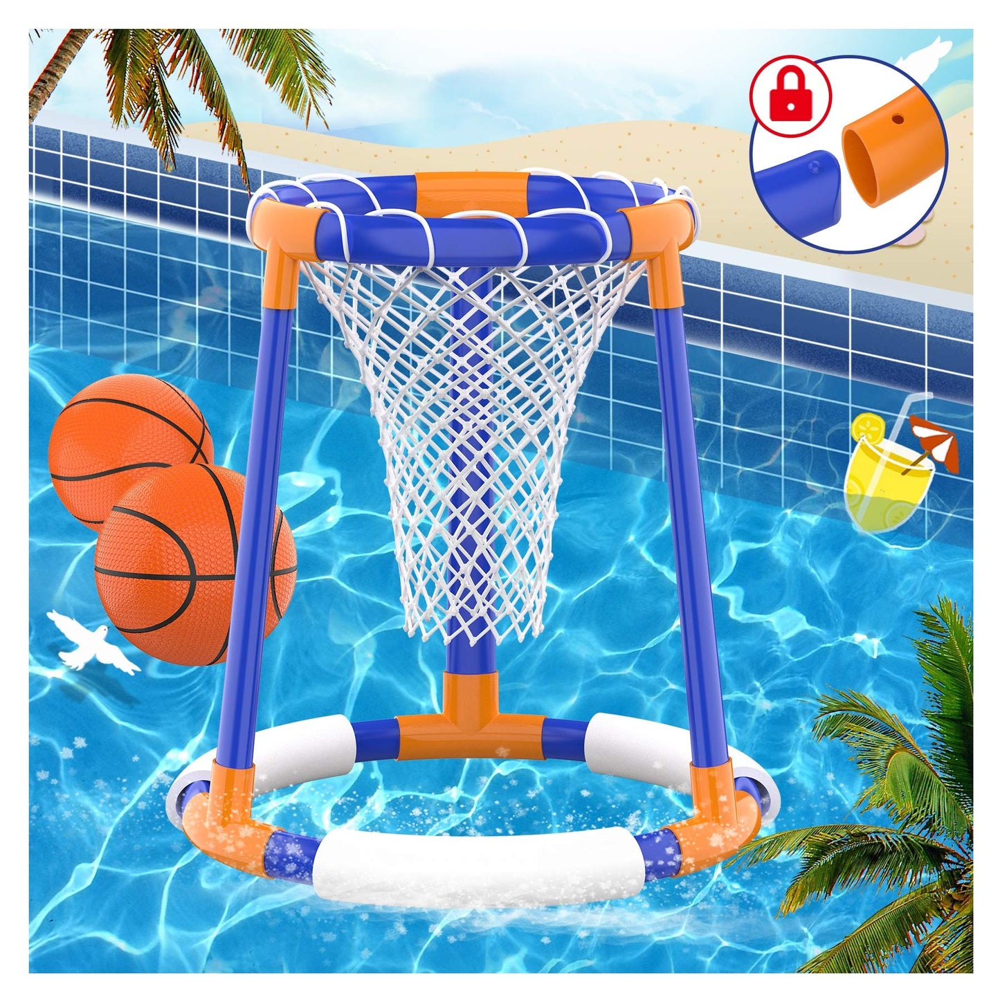 FOSUBOO Pool Toy for Adults Kids Water Games Floating Basketball Hoop Water Toy Basketball Hoop Pool Accessory Fun (2X Basketballs)
