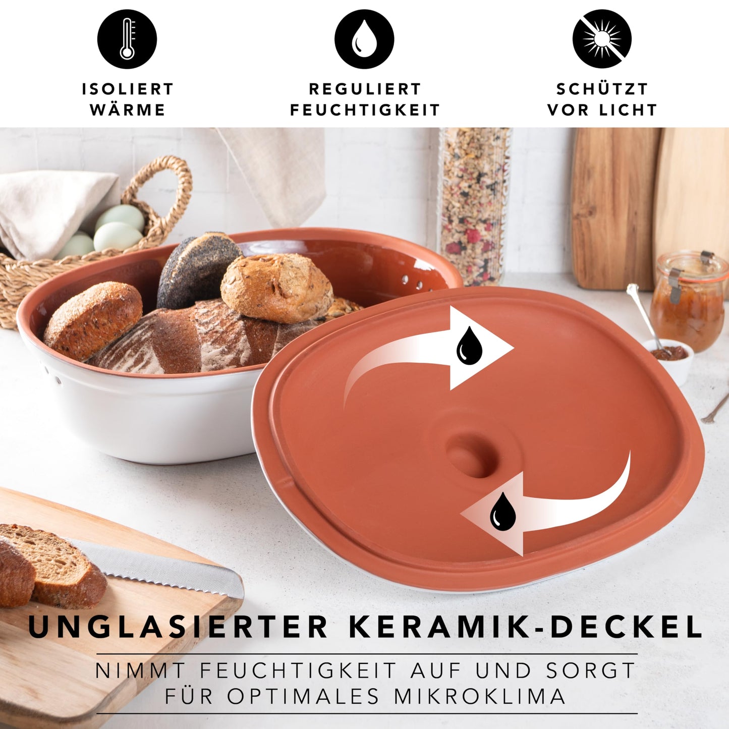Roman pot bread pot white 6.5 liters - oval bread container made of natural ceramic with lid - for storing bread, rolls, fruit & vegetables - breathable & dishwasher safe.
