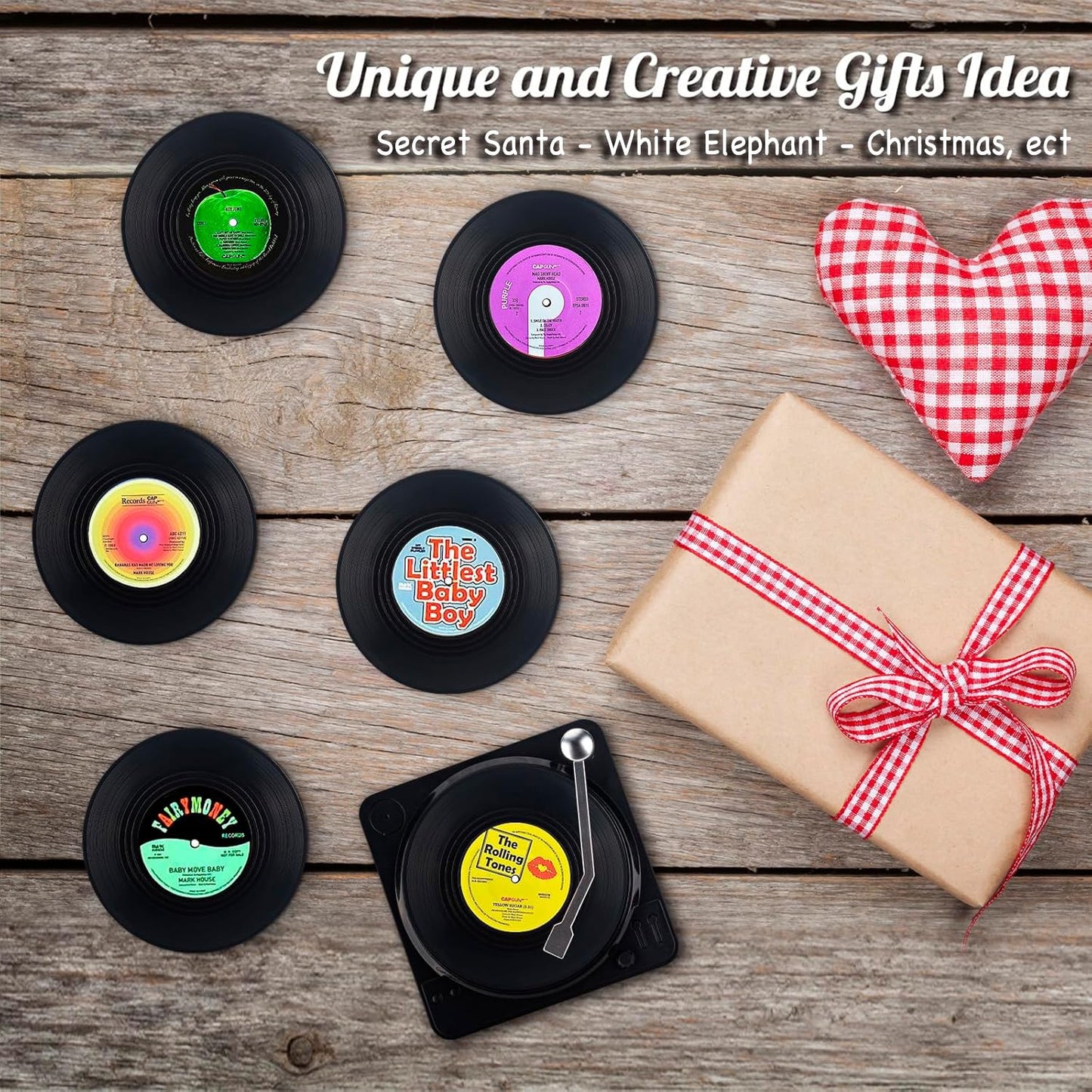 Valdivia retro vinyl record coasters with holder, set of 6 coasters for drinks, bars, parties, office, cafes, tea, cool home decor, and unique housewarming gifts.