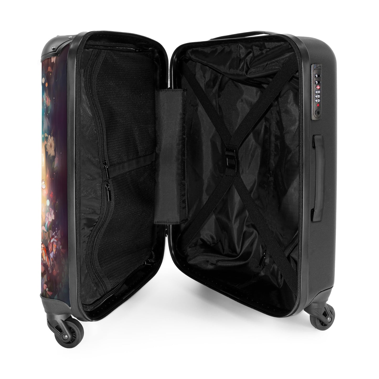 NoBoringSuitcases.com® Travel luggage for kids, suitcase for girls. Lightweight travel trolley with wheels. Horse - flowers - butterflies design. Medium-sized children's luggage, 67x43x25cm.