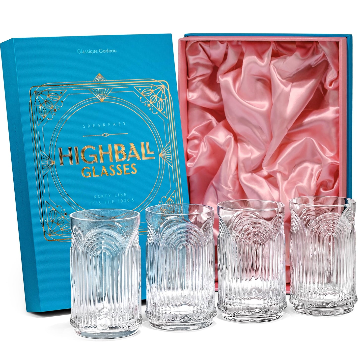 GLASSIQUE CADEAU Vintage Art Deco 1920s Gin Cocktail Highball Glasses with Relief for Caipirinha, Mojito, Gin Tonic, Cuba Libre | Set of 4 | 400 ml Highball Cocktail Glasses