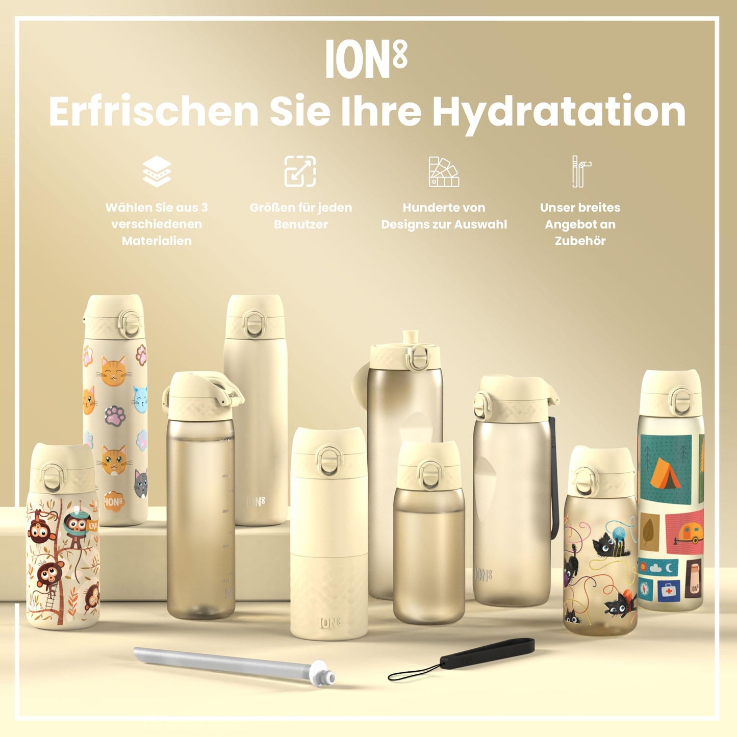 ion8 water bottle, 500ml, leak-proof, one-handed opening, secure locking, dishwasher safe, BPA-free, carrying handle, flip lid, easy to clean, climate-neutral, creamy white.