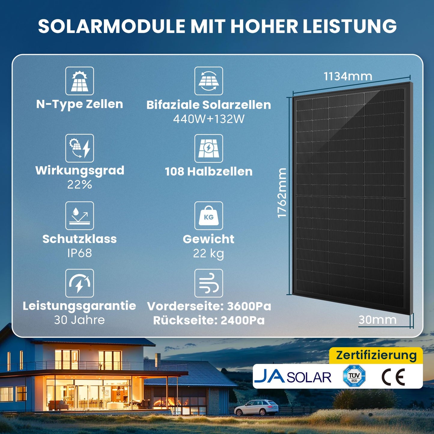 ALLDREI® Solar Panel 440wx2 Bifacial Glass, Solar Module 880w for balcony power plant, PV Panel for photovoltaic complete system (2 pcs), 0% VAT.