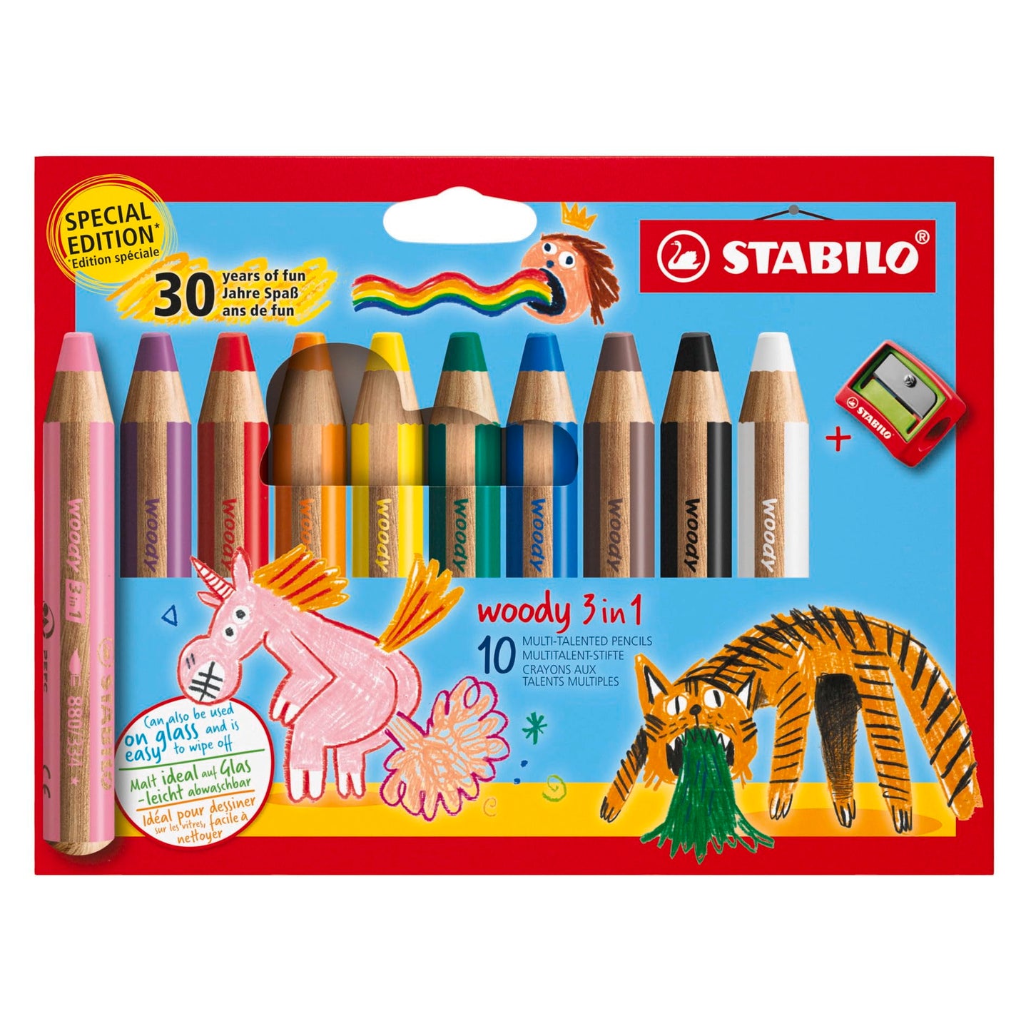 STABILO - Colored pencil, watercolor & wax crayon - woody 3 in 1 - Birthday Edition - 10 pack with sharpener - 10 colors