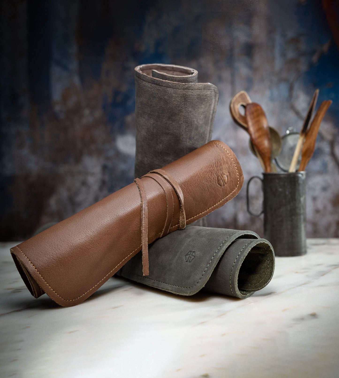 Angus Stoke Knife Bag Chef Knife - Premium Leather Chef Knife Roll Large - Knife Bag Chefs - Chef Bag Noah (Olive Green)