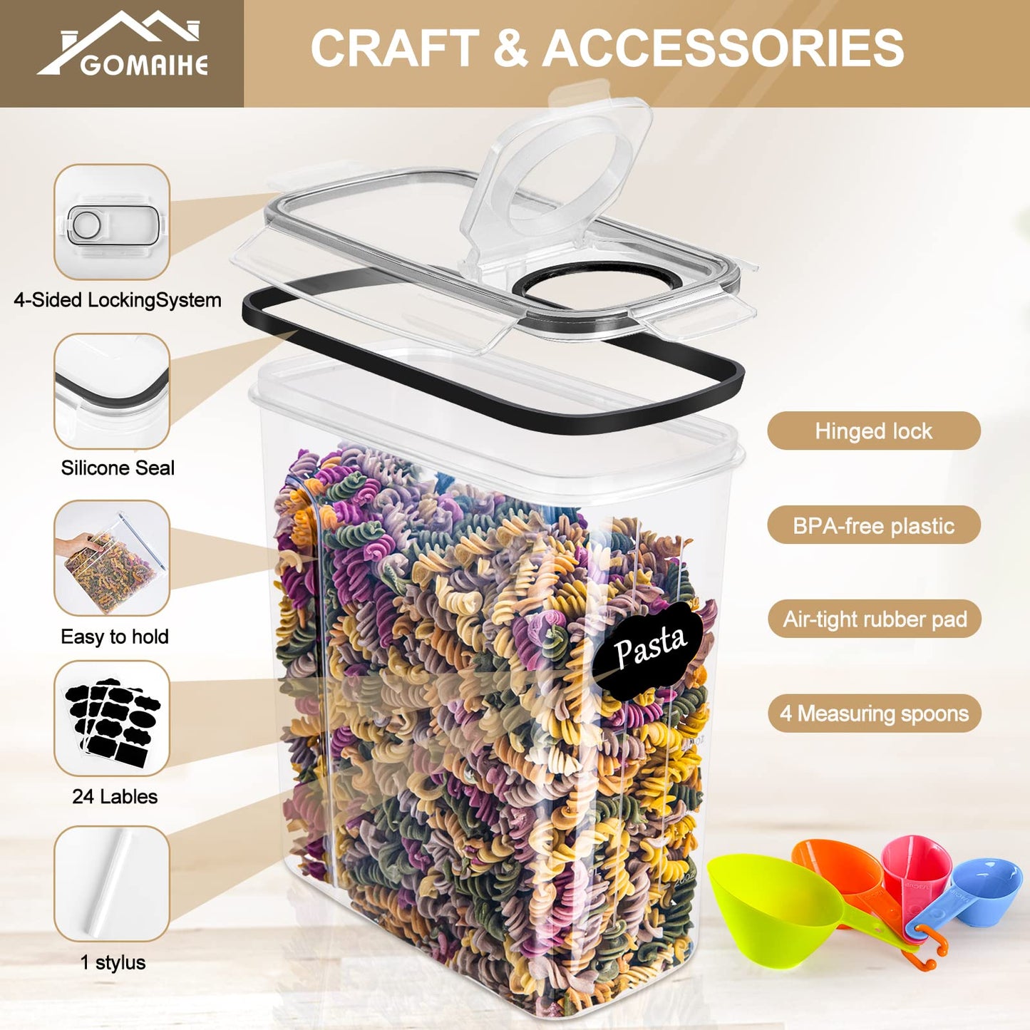 GoMaihe Storage Container Set, 2.5L*6 Pieces Kitchen Organizer, Airtight Plastic Food Storage Box with Lid, Containers for Storing Cereal Flour Coffee Beans Cornflakes Spaghetti
