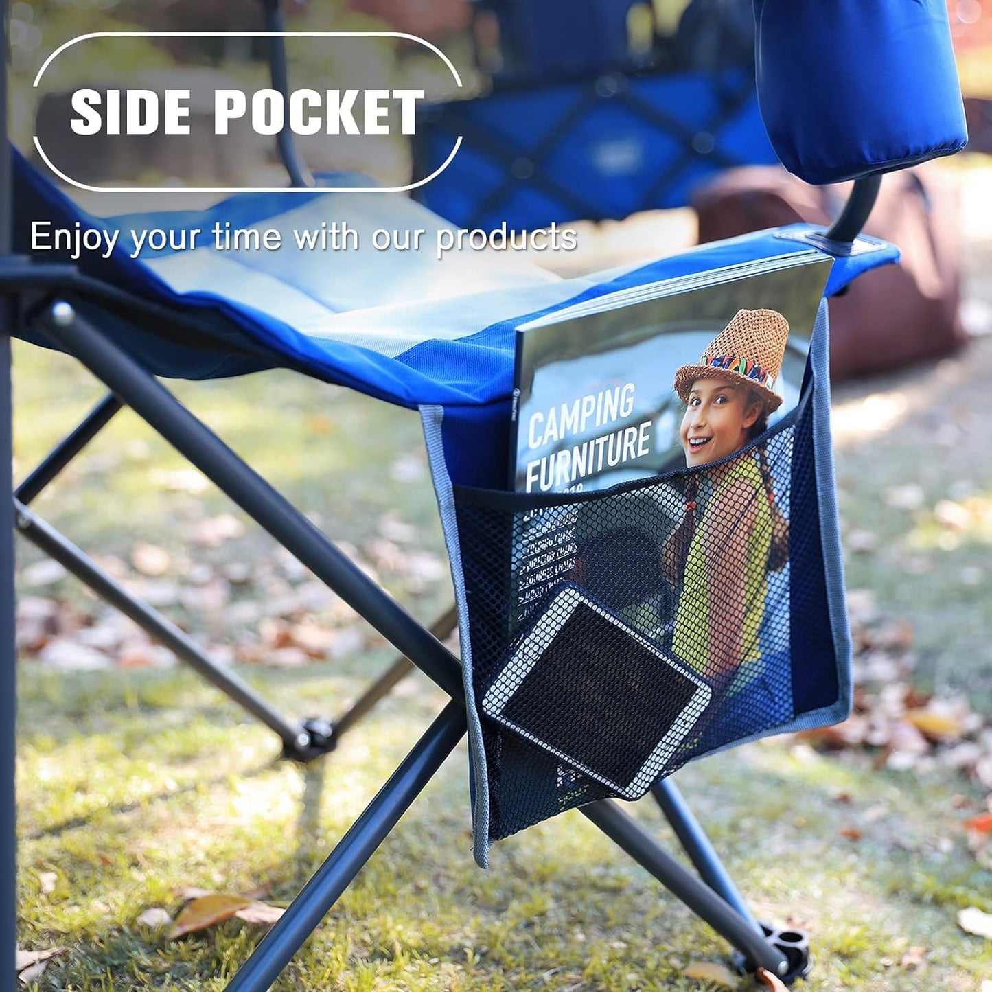 EVER ADVANCED Luxury Camping Chair Foldable 160KG Capacity Ultra Large with High Backrest, Comfortable Folding Chair with Side Pockets & Cup Holder for Camping Garden Balcony Fishing, Outdoor Chair Fishing Chair