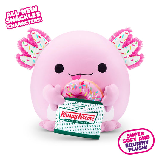 Snackles, Series 2, Axolotl (Krispy Kreme), cuddly-soft, soothing, 40 cm tall plush toy with licensed snack brand accessory (Axolotl)