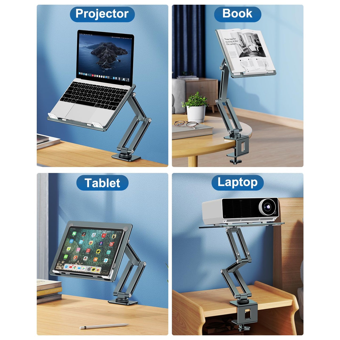 Adjustable laptop stand with 360° swivel arm, made of aluminum. Suitable for tablets and laptops from 10-16 inches. Foldable and perfect for your desk.