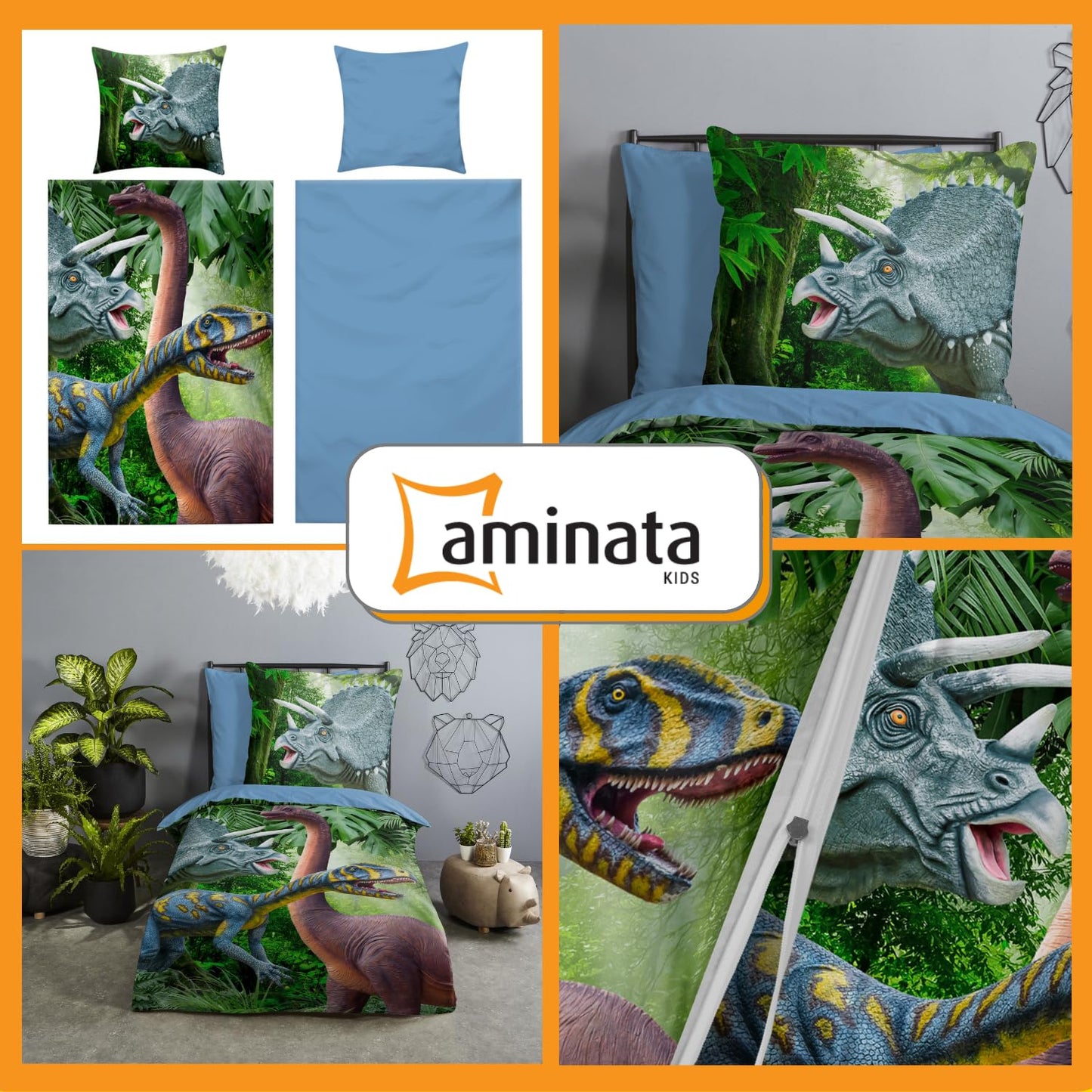 Aminata Kids Dino bed linen 135x200 children's bedding with dinosaur design cotton boys with zipper blue colorful soft