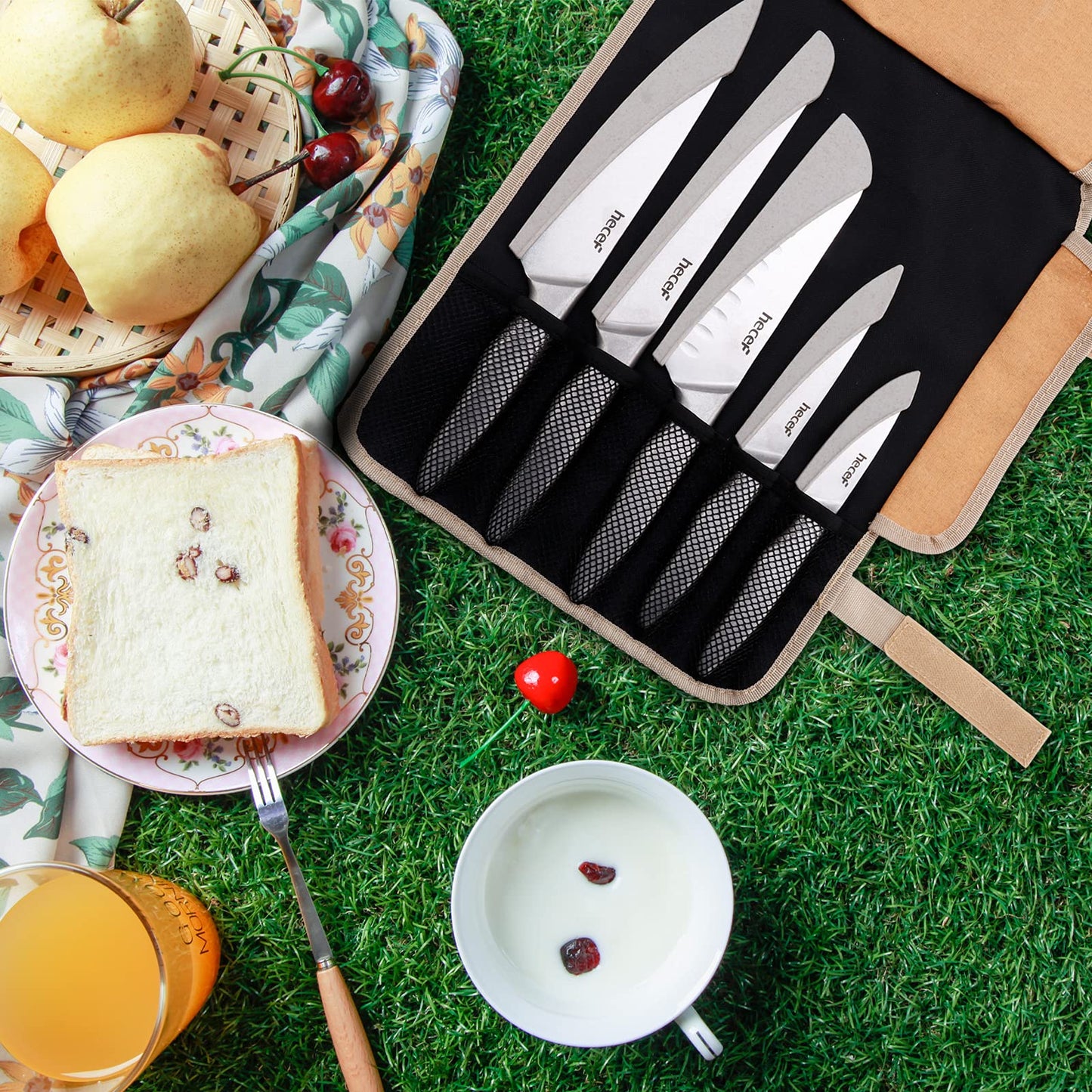 hecef 5-slot knife set with roll bag and knife sheath, vintage stonewashed stainless steel knife set with hollow handle, professional kitchen knife set for outdoor, camping