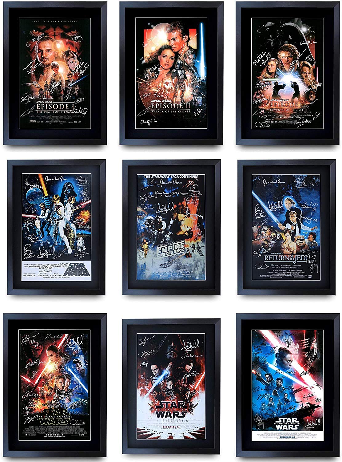 HWC Trading A3 FR Star Wars complete Saga Movie Poster Collection Cast Signed Gift Framed Printed Ford Hamill Fisher Portman Ridley McGregor Gifts print photo display