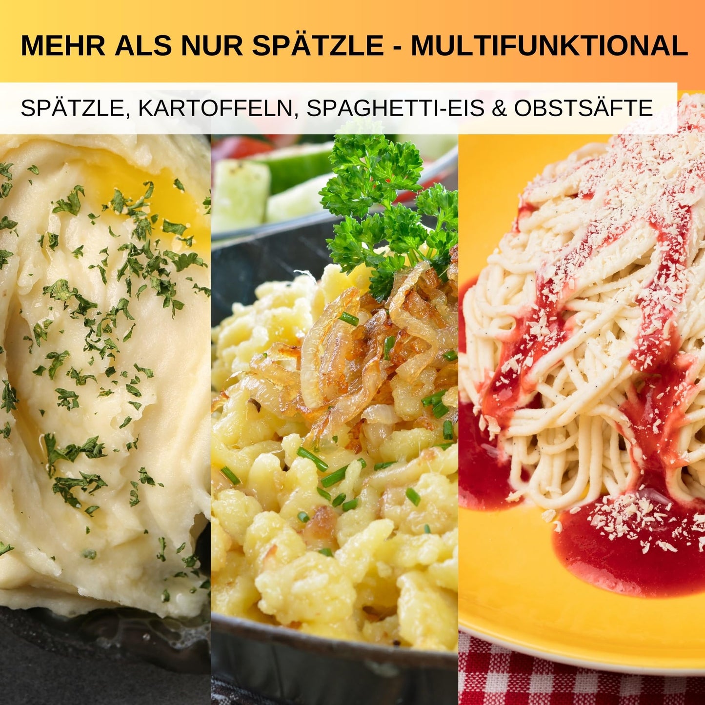 Thiru spaetzle press hole diameter approx. 3mm - test winner 2024 - try risk-free for 60 days - round hole with foam scoop & support lugs - ideal for spaetzle, mashed potatoes, juices - made in Germany.