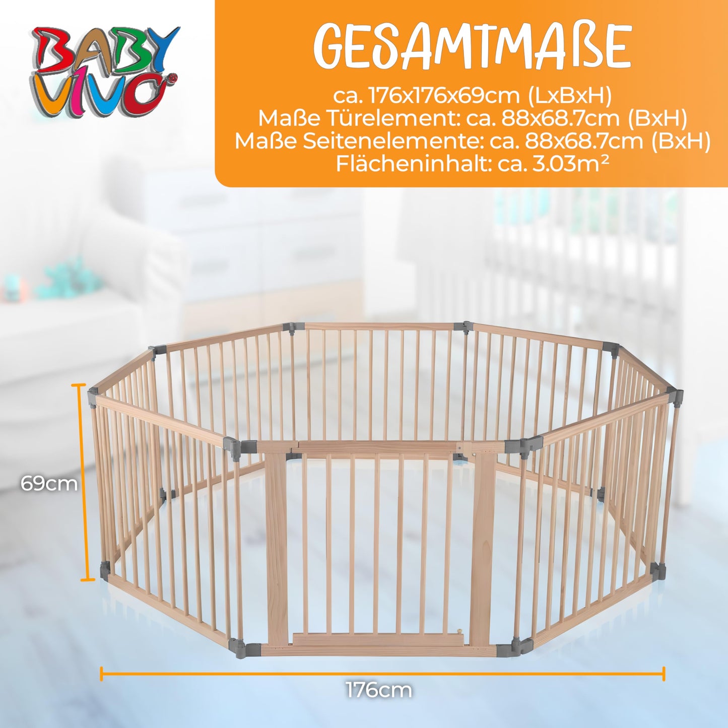 Baby Vivo XXL Playpen Play Yard Baby Safety Gate Crawling Fence Wooden with Door - adjustable - 8 elements PREMIUM Gray
