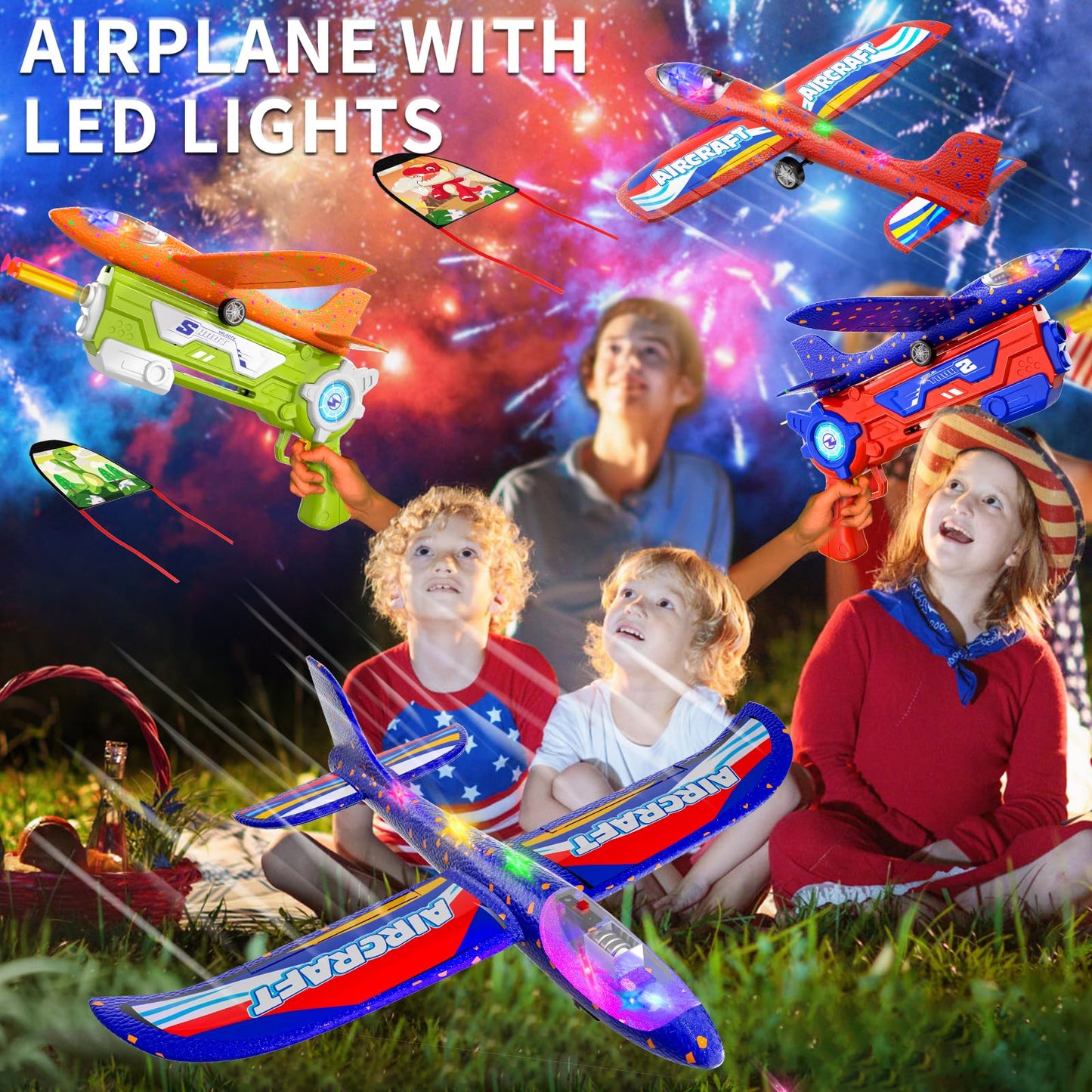 Doloowee 4 IN 1 Airplane Launcher Toy, LED Foam Glider Aircraft Catapult, 3 Flight Modes, Outdoor Sport Flying Toy for 3-12 Year Old Boys Girls Birthday Gifts (Blue+Green)