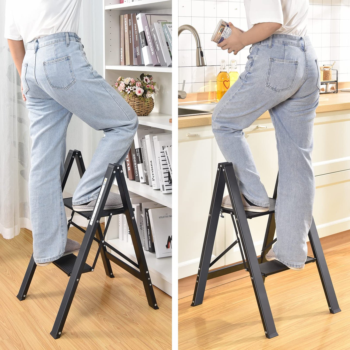 KINGRACK Step Ladder, 2 Step Stool, Folding Step Ladder with Handrail, Non-Slip Household Ladder with Folding Lock, Black Aluminum Step Stool