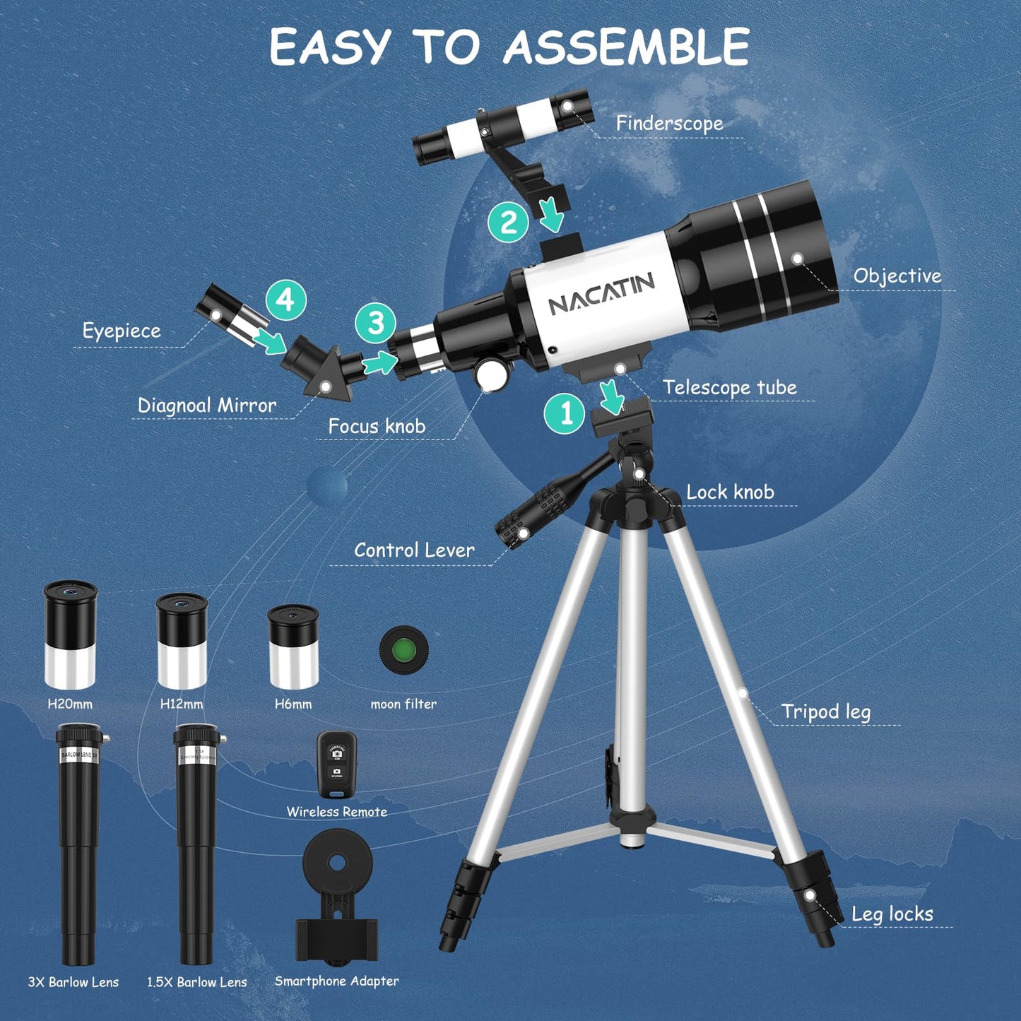 Telescope for kids, NACATIN 70mm aperture refractor telescope for kids, adults & beginners, adjustable tripod, with smartphone adapter and wireless remote control.