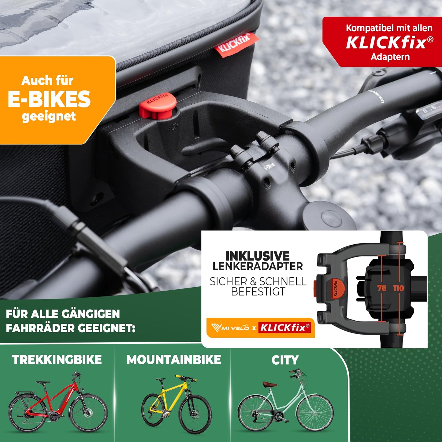 MIVELO Handlebar Bag for KLICKfix - incl. adapter - Handlebar Bike Bag - water-repellent & spacious - Handlebar Bag - Handlebar Bag - E-Bike suitable - with phone pocket