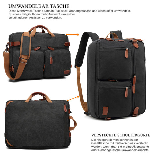 CoolBELL Convertible Briefcase Messenger Bag 17.3 Inch Laptop Bag Backpack Shoulder Bag Travel Shoulder Bag for Men/Women, Canvas Black