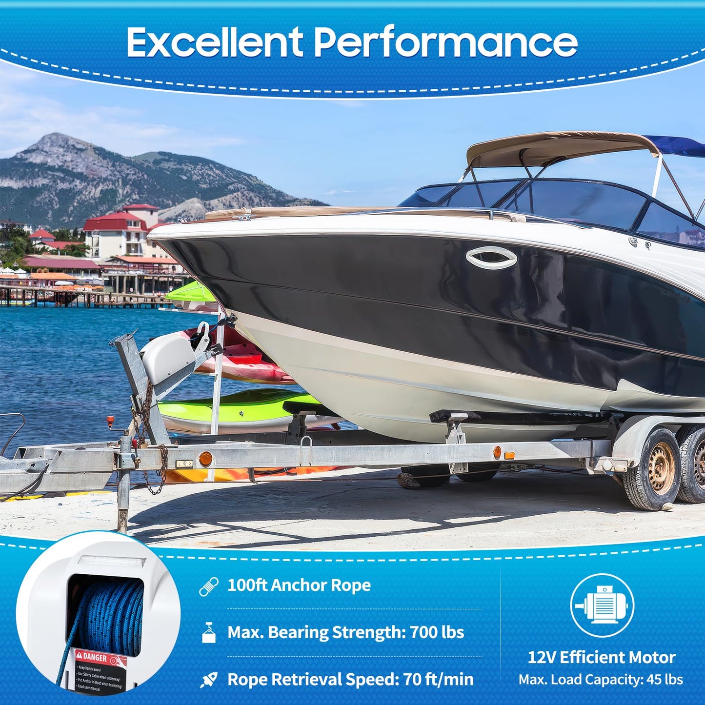 LENJKYYO 45LBS 12V Electric Anchor Winch with Wireless Remote Control Marine Anchor Winch Saltwater Boat Electric Anchor Windlass Anchor Winch for Anchors up to 45LBS